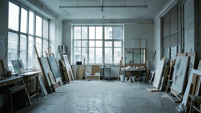 A daylight art studio with large windows, leaning canvases and an open floor.