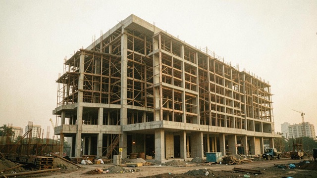 An unfinished multistorey concrete building with scaffolding and a worksite below.