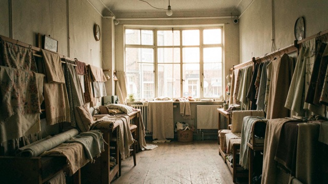 A textile workroom with fabric racks, worktables and a tall daylight window.