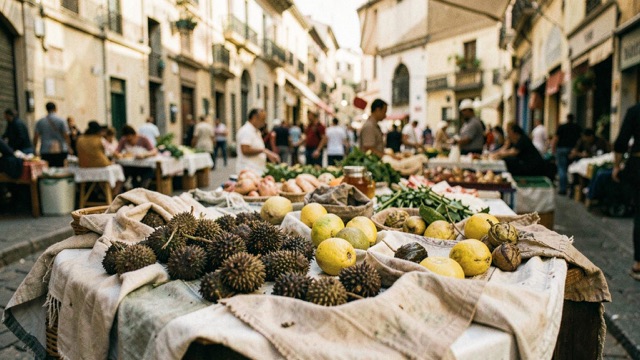 A street market with a foreground stall piled with fruit and vegetables.