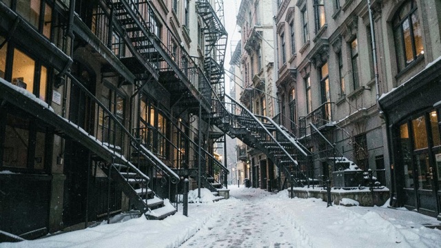A snow-covered lane between buildings with exterior metal staircases.