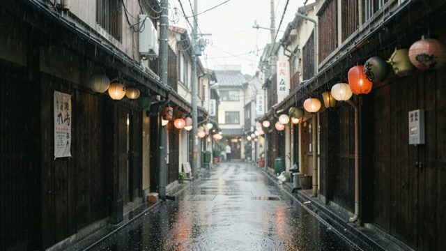 A wet narrow street with wooden shopfronts and glowing lanterns.