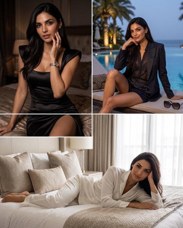 Three-image collage of Giulia Demir: seated indoors in a black satin dress with a hand at her cheek; seated beside a pool in a dark blazer and shorts; reclining on a bed in ivory satin pyjamas.