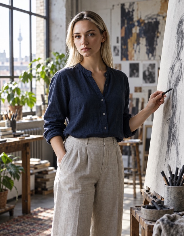 Alina Novak, fictional adult AI character, wearing a midnight-blue blouse and linen trousers beside a canvas in a Berlin artist's loft.