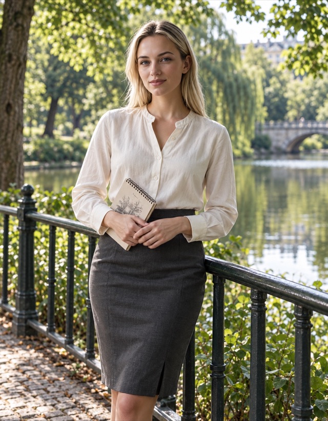 Alina Novak, fictional adult AI character, holding a small sketchbook beside a park railing in Berlin park with leafy trees and a quiet pond, wearing opaque long-sleeved ivory cotton blouse and charcoal tailored knee-length skirt.