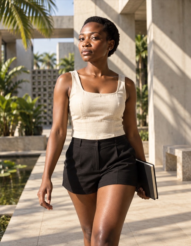 Amara Okafor, fictional adult AI character, walking past geometric shadows with a closed sketchbook in one hand in a sunlit Lagos modernist courtyard, wearing high-waisted black short shorts and fitted cream sleeveless linen top.