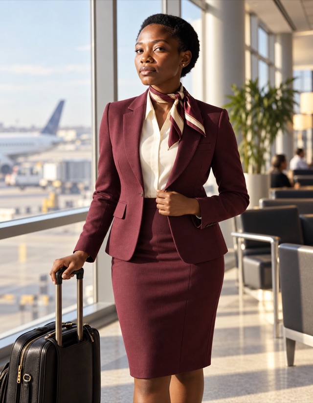 Amara Okafor, fictional adult AI character, holding a travel bag in sunlit airport lounge beside a window, wearing burgundy tailored jacket and knee-length skirt, ivory blouse and small scarf; imagined professional fashion shoot.