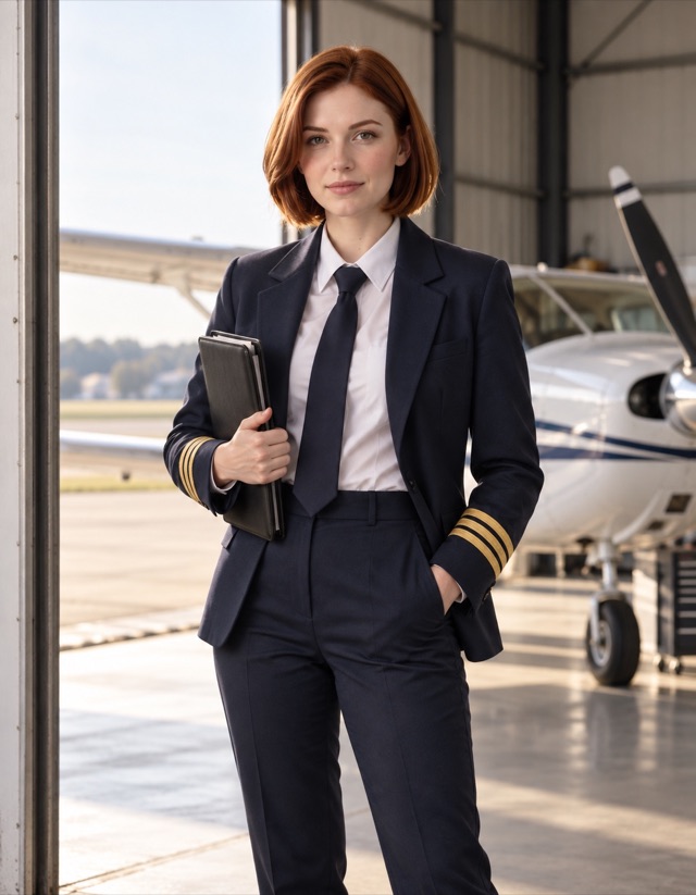 Camille Roy, fictional adult AI character, holding a flight folder in hangar doorway with a small aircraft behind, wearing navy pilot jacket and trousers, white shirt and tie; imagined professional fashion shoot.