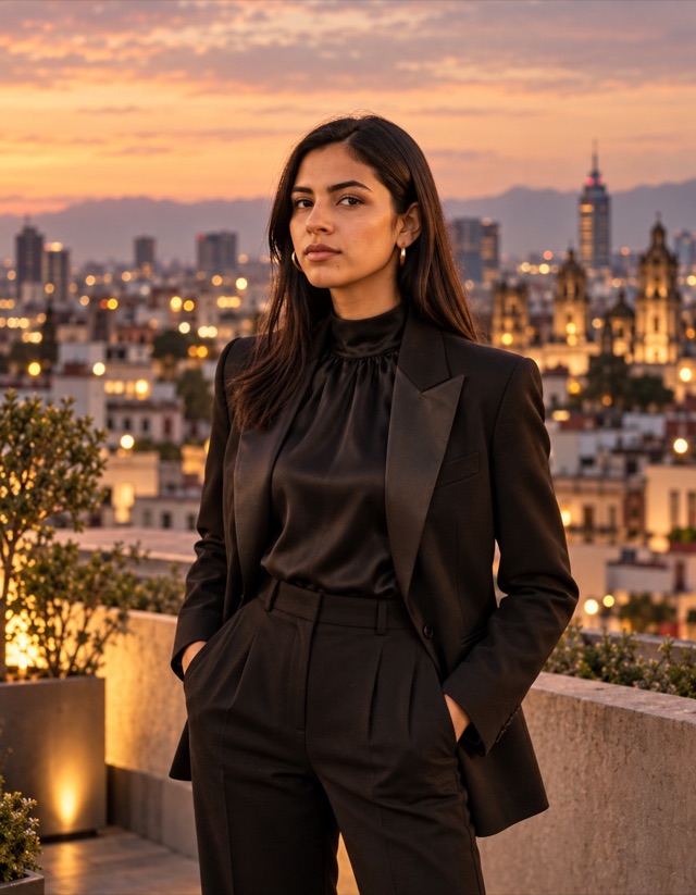 Elena Vásquez, fictional AI character in an editorial portrait
