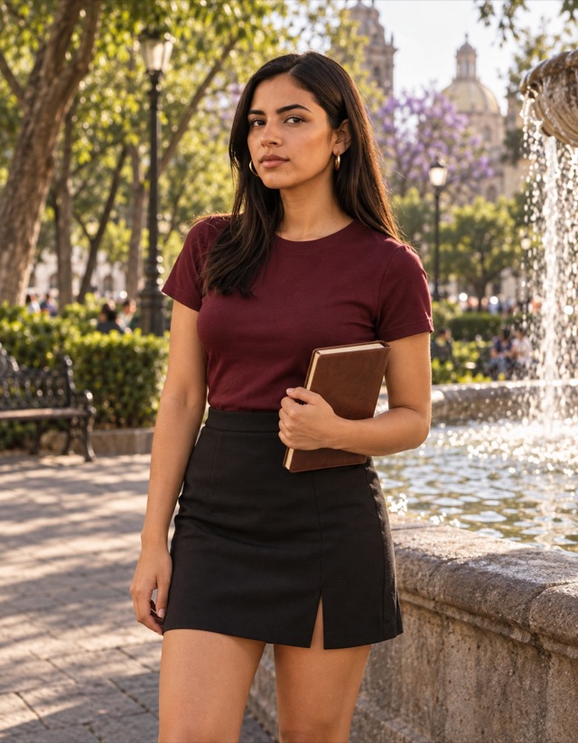 Elena Vásquez, fictional adult AI character, holding a closed lyrics notebook beside the fountain in a leafy Mexico City park beside a fountain, wearing opaque burgundy short-sleeved crew-neck blouse and black tailored miniskirt.