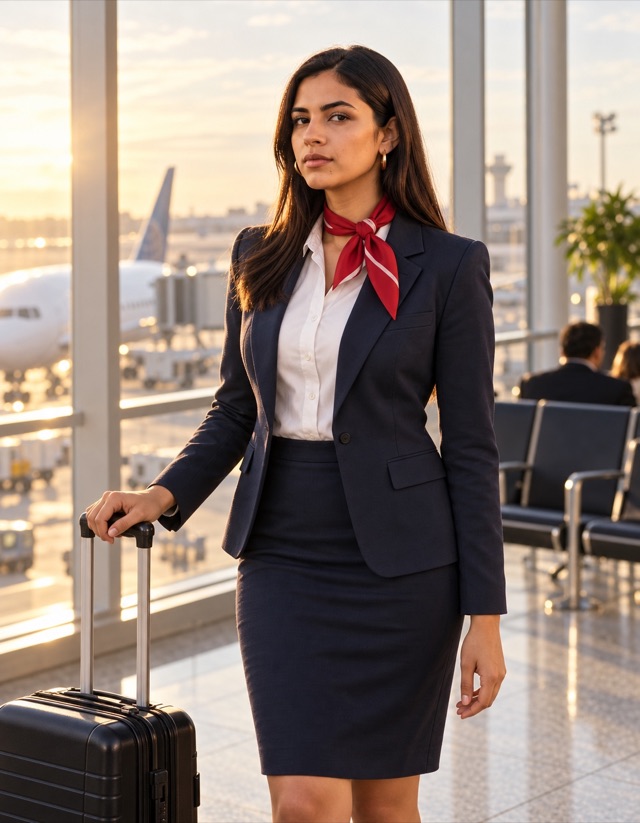 Elena Vásquez, fictional adult AI character, resting a hand on a rolling suitcase in sunlit airport terminal window, wearing navy fitted professional jacket, white buttoned blouse, red neck scarf and knee-length skirt; imagined professional fashion shoot.