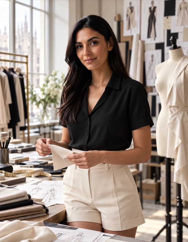 Giulia Demir, fictional adult AI character, holding a fabric swatch at a Milan atelier cutting table, wearing a black blouse and cream tailored shorts.