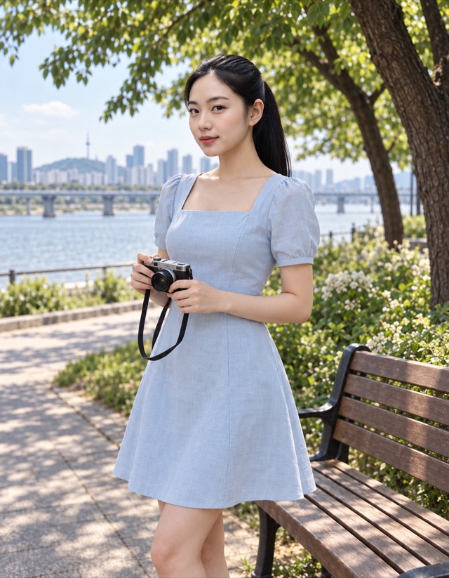 Hana Kim, fictional adult AI character, holding a compact camera while standing near a wooden bench in Seoul riverside park beneath leafy trees, wearing opaque pale-blue short-sleeved summer dress with square neckline.