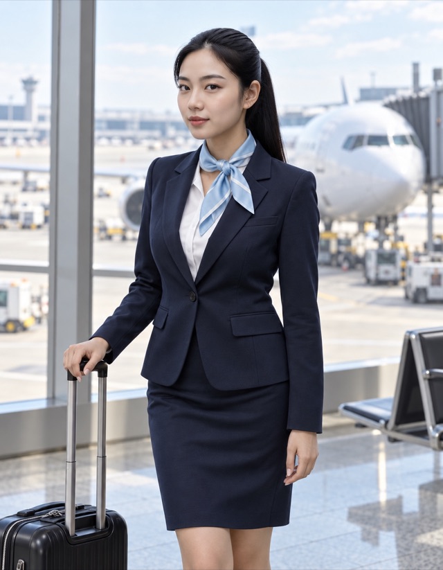 Hana Kim, fictional adult AI character, holding the handle of a small rolling suitcase in bright airport terminal window with an aircraft outside, wearing navy tailored professional jacket and knee-length skirt, white blouse and pale-blue scarf; imagined professional fashion shoot.