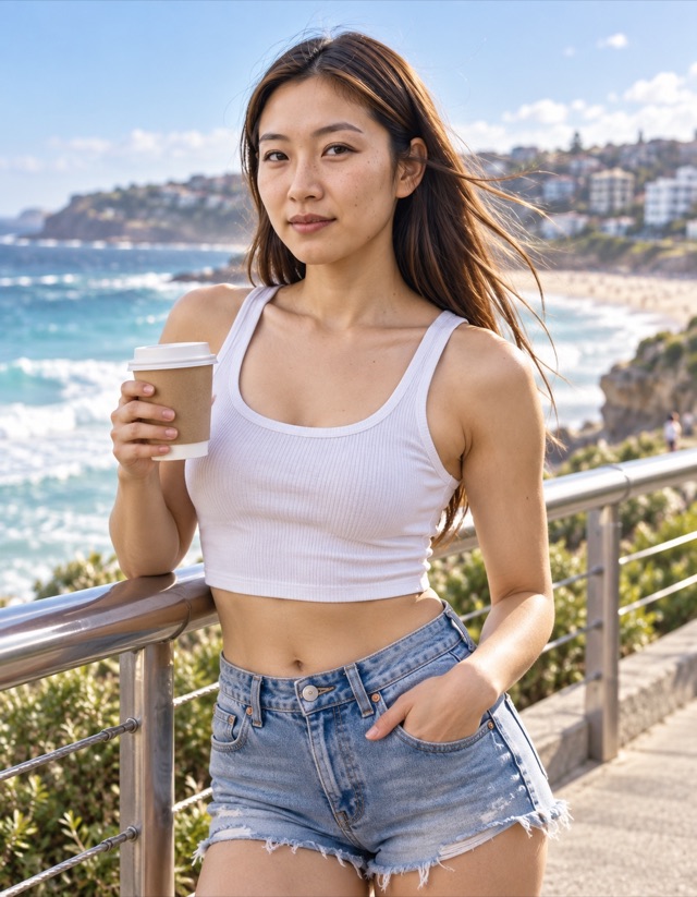 Maya Tanaka, fictional adult AI character, pausing at the railing with a coffee cup and wind moving her hair in Bondi coastal walkway in clear morning light, wearing denim short shorts and a fitted white cropped tank.