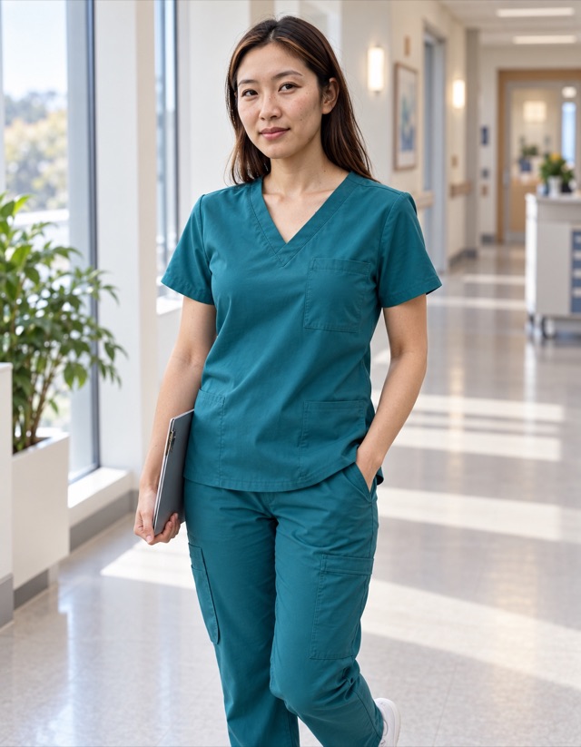 Maya Tanaka, fictional adult AI character, holding a closed clipboard at her side in bright staged clinic hallway, wearing clean teal medical scrubs, trousers and comfortable white shoes; imagined professional fashion shoot.