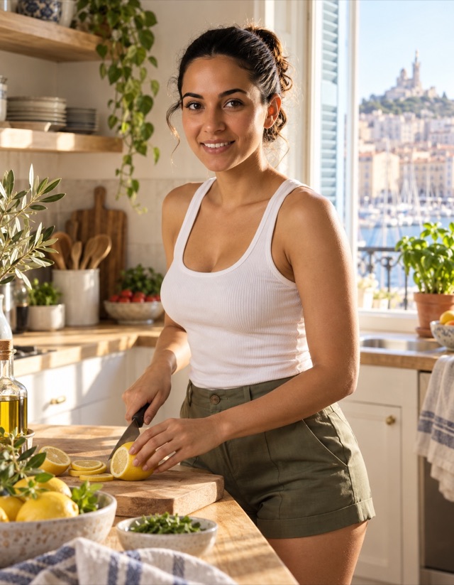 Noor Haddad, fictional adult AI character, slicing a lemon at a wooden counter, glancing toward the camera with a warm smile in bright Marseille kitchen on a quiet morning, wearing white fitted tank and olive tailored short shorts.