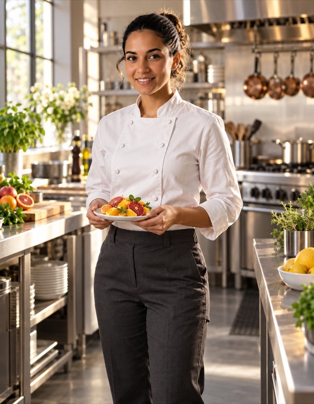 Noor Haddad, fictional adult AI character, holding a small white plate of citrus in bright staged restaurant kitchen, wearing crisp white chef jacket and charcoal trousers; imagined professional fashion shoot.
