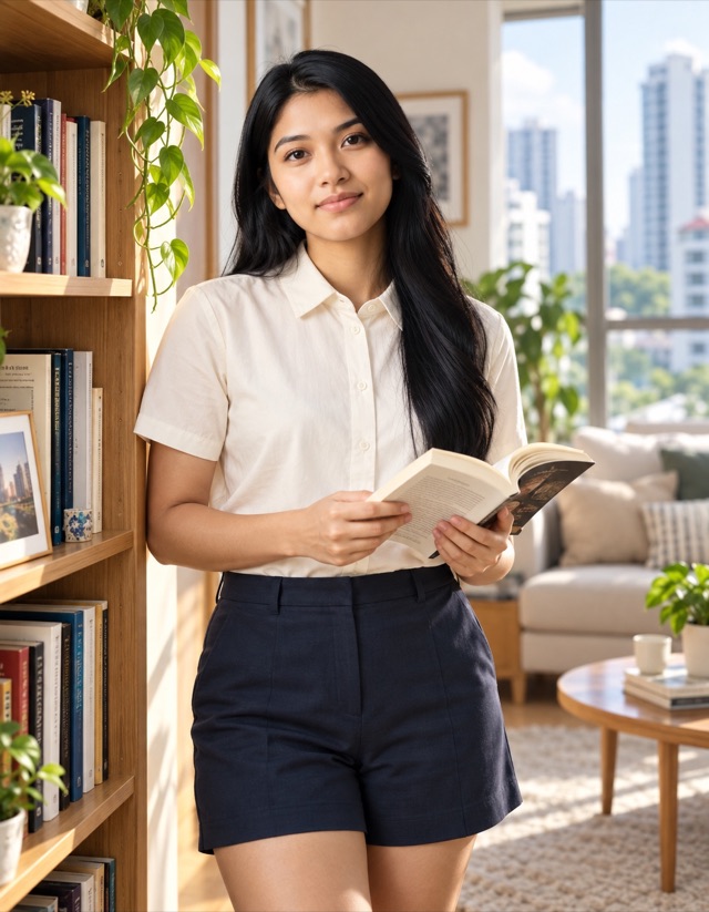 Priya Raman, fictional adult AI character, holding an open paperback beside a bookshelf in a sunlit Singapore apartment, wearing a cream cotton blouse and navy tailored shorts.