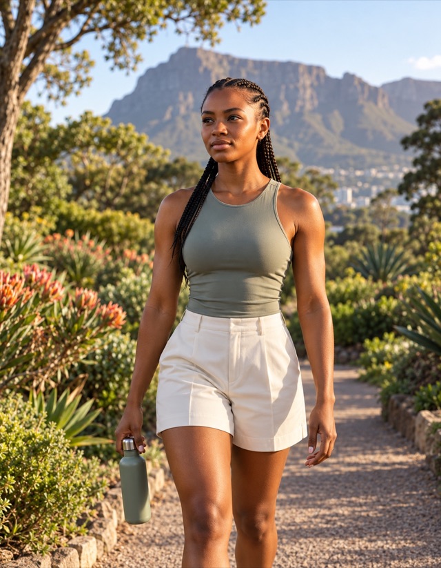 Zoë Mbeki, fictional adult AI character, walking along a garden path with a water bottle in Cape Town botanical garden with mountain views, wearing opaque sage fitted sleeveless top and ivory tailored shorts.