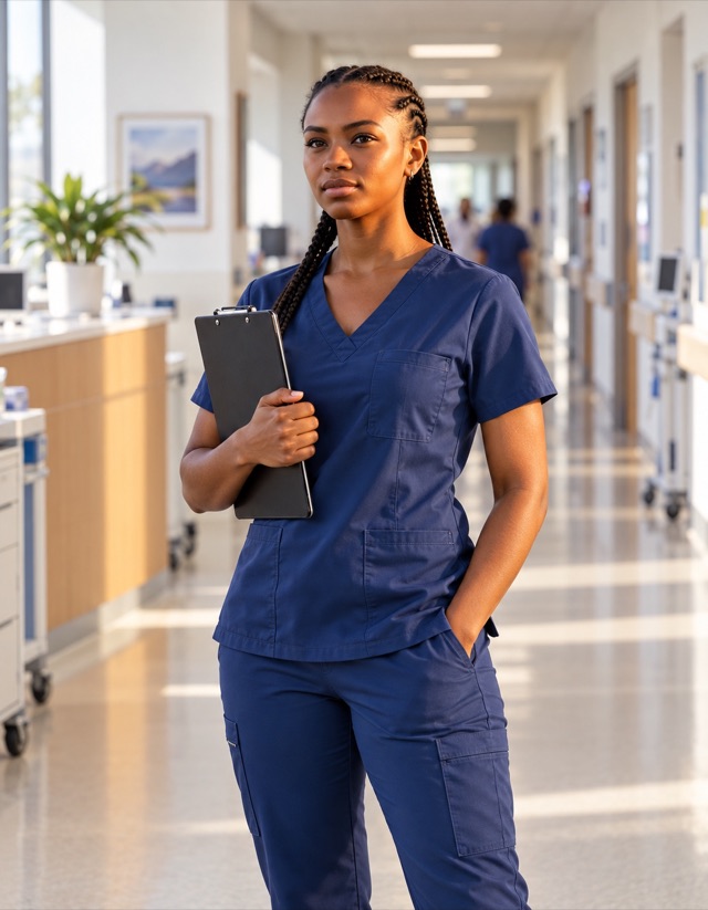 Zoë Mbeki, fictional adult AI character, holding a closed clipboard in bright staged clinic corridor, wearing professional deep-blue medical scrubs and trousers; imagined professional fashion shoot.