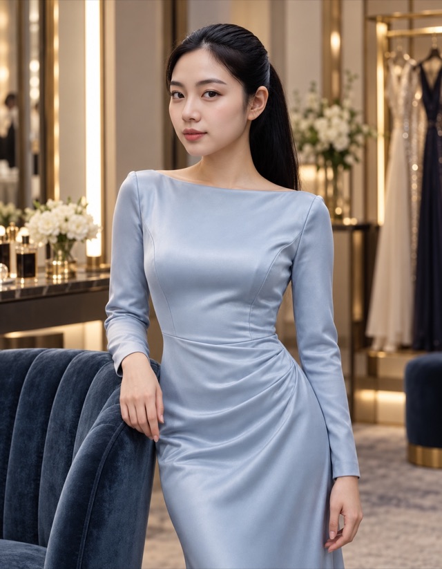 Hana Kim, fictional adult aged 26, standing beside a velvet chair in a pearl blue long-sleeved evening dress.