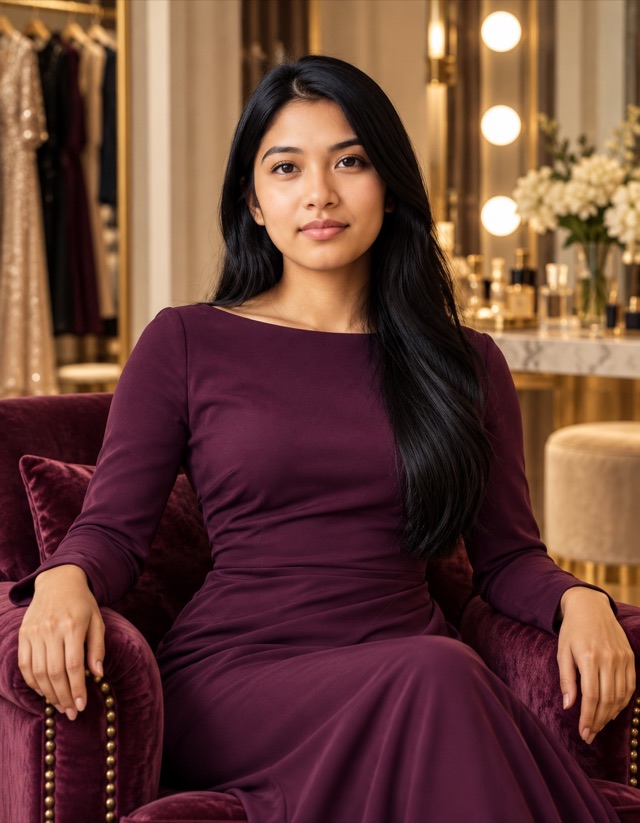 Priya Raman, fictional adult aged 25, seated in a velvet chair wearing a deep plum long-sleeved evening dress.