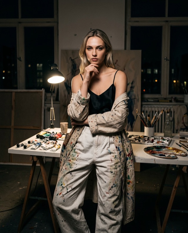Alina beside a paint-covered table and lamp in a studio at night.