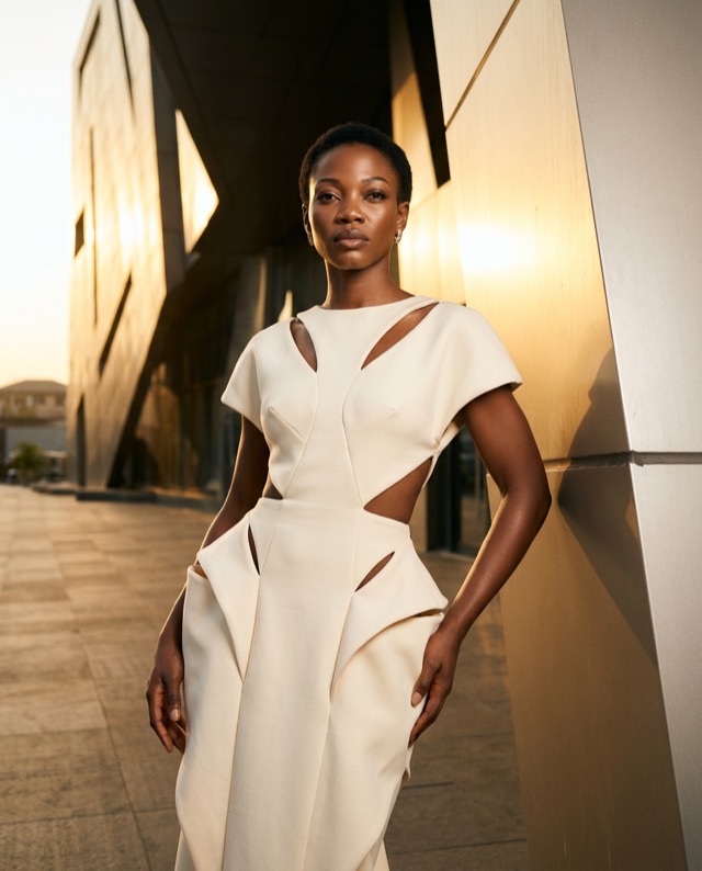 Amara in a sculptural white dress beside an architectural wall in warm light.