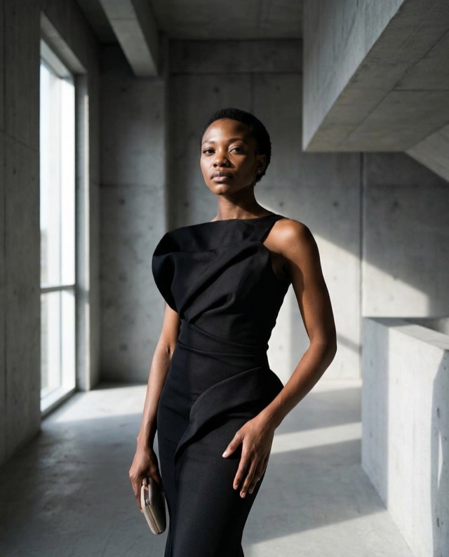 Amara in a black one-shoulder dress beside a window and concrete walls.
