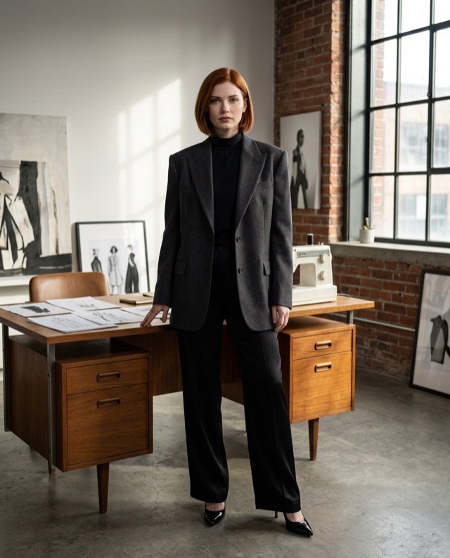 Camille in a dark suit beside a wooden desk and tall workshop window.