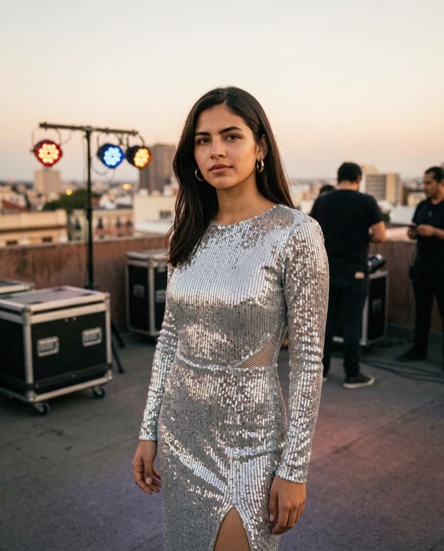 Elena in a silver dress on a rooftop with music equipment behind her.