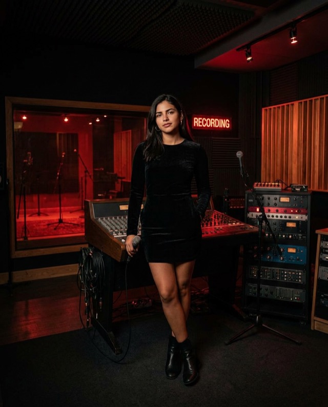 Elena in black with boots inside a red-lit recording studio.
