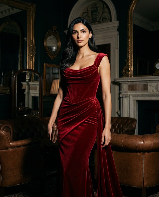 Giulia in a deep red evening dress in a warm, dark interior.