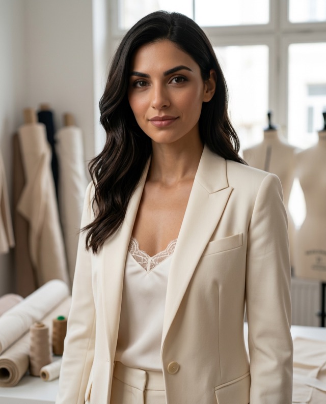 Giulia wearing a cream jacket and pale satin top in a bright atelier.