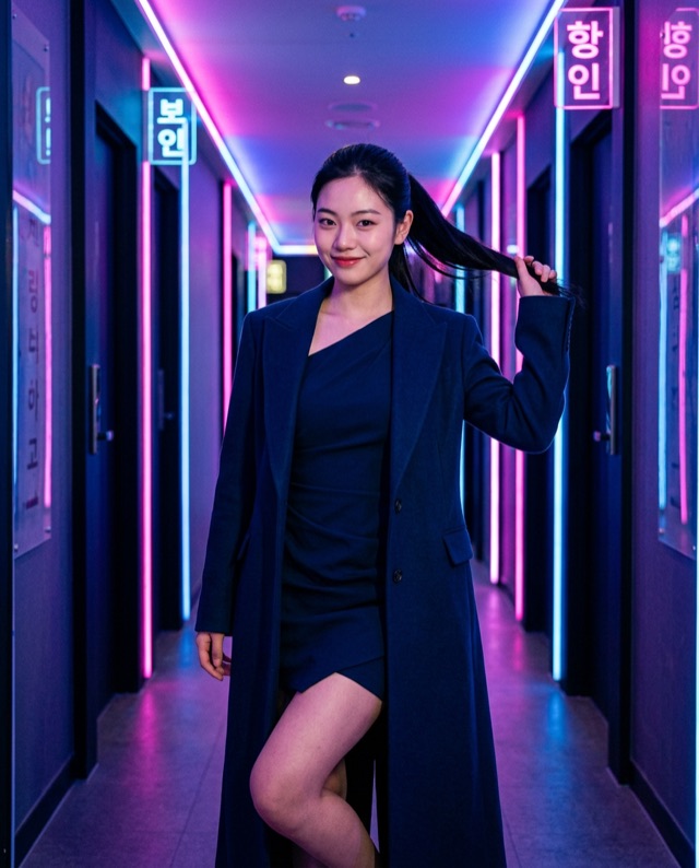 Hana in black in a narrow passage lit by pink and blue neon.