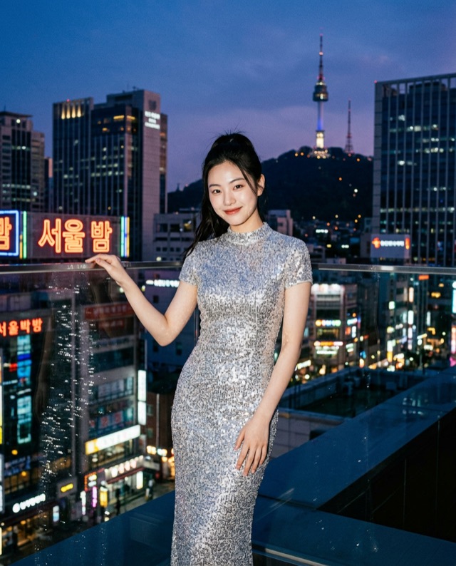 Hana in a silver dress on a rooftop above illuminated city signs.
