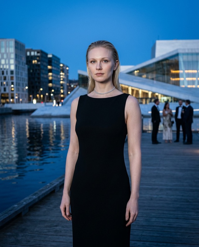 Ingrid in a black sleeveless dress beside a waterfront at blue hour.