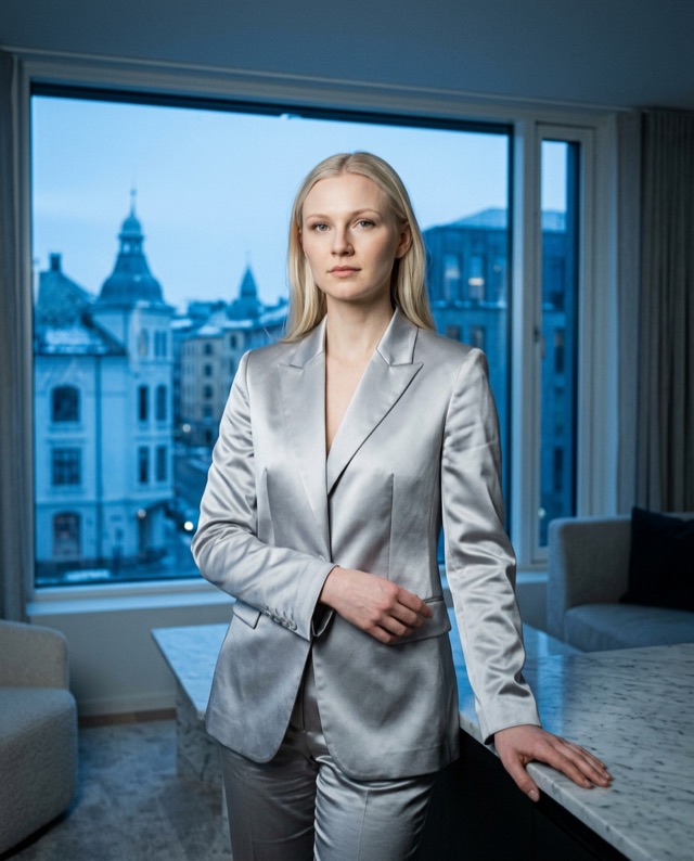 Ingrid in a silver suit beside a window overlooking buildings at blue hour.