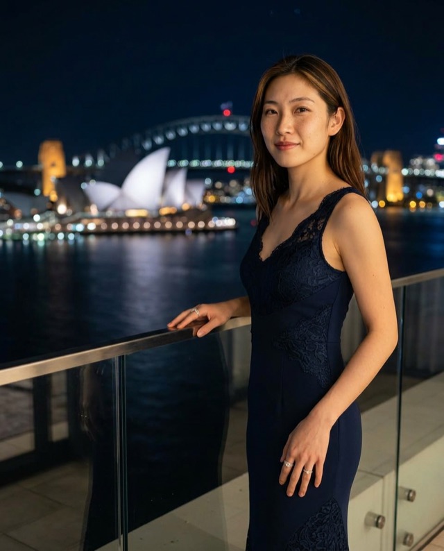 Maya in a black dress at a waterfront railing with an illuminated harbour bridge.