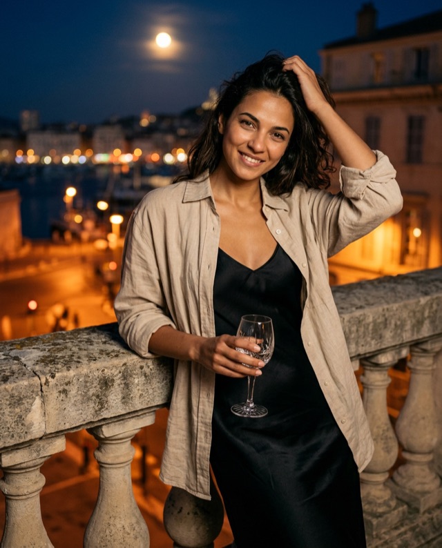 Noor holding a glass on a terrace at night in a black dress and pale jacket.