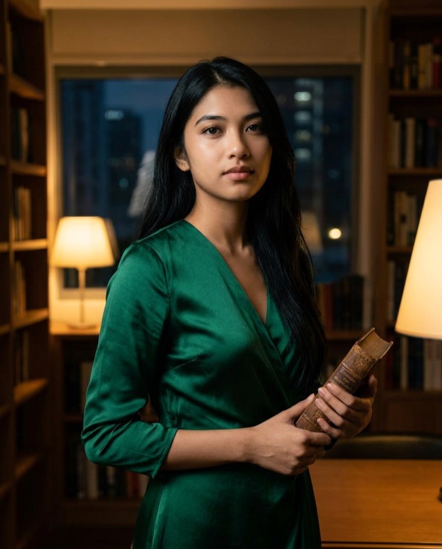 Priya holding a book in emerald satin beside bookshelves and a warm lamp.