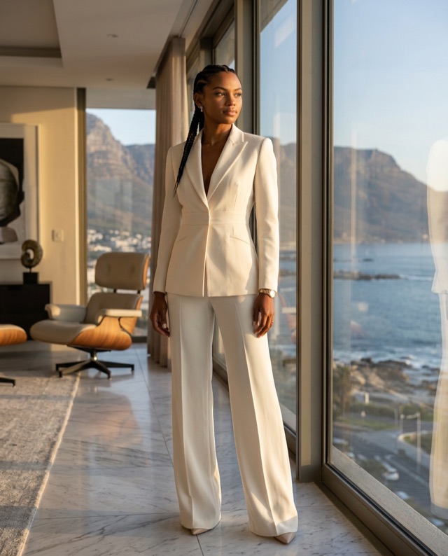 Zoë in an ivory tailored outfit beside tall windows overlooking the coast.