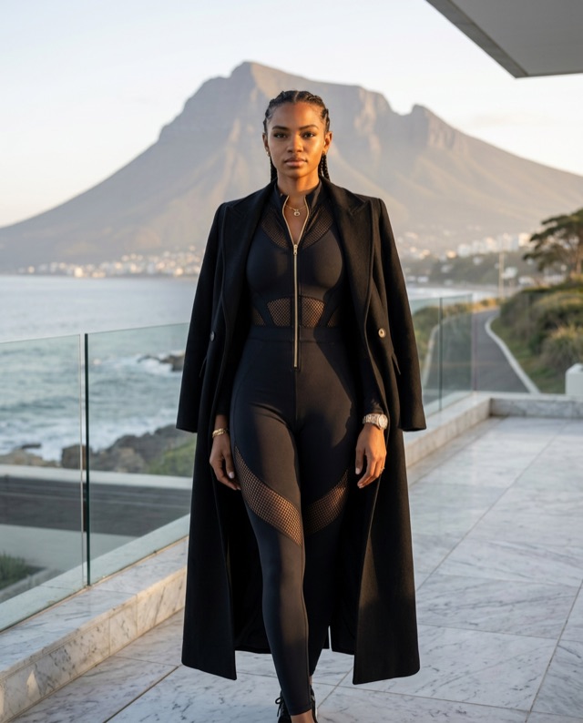 Zoë in black with a long coat on a terrace overlooking the coast and mountain.