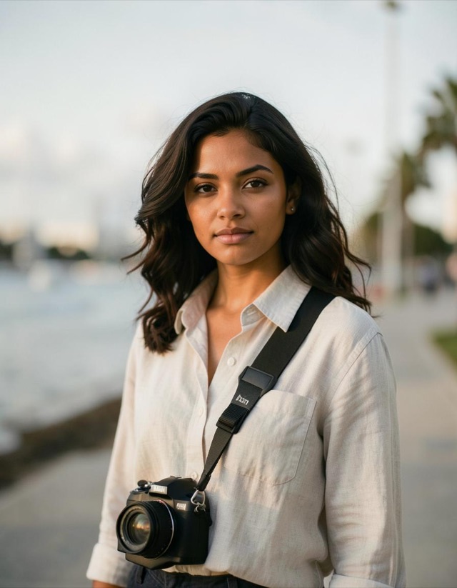 Sofia in a pale shirt with a camera on a strap beside the waterfront.
