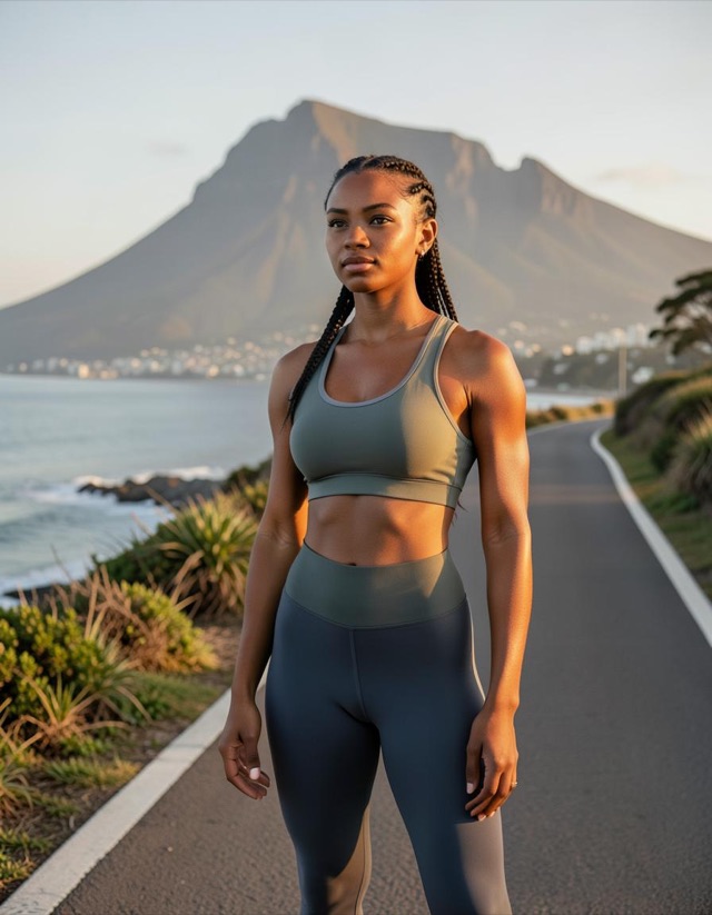 Zoë in green activewear on a coastal path with a mountain behind her.